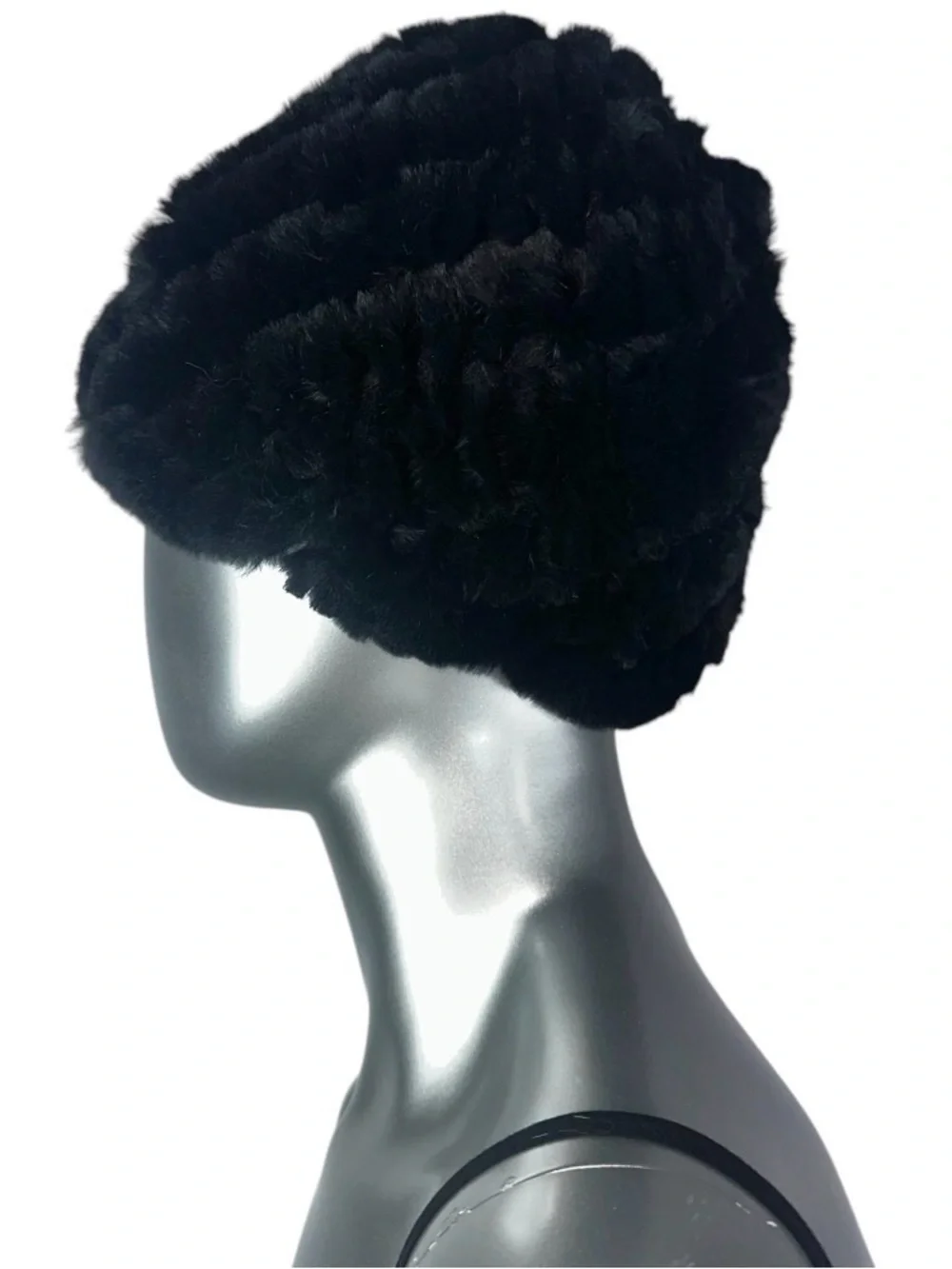 Black Knitted REX RABBIT Hat, One Size 21”-24” w/Stretch, Certified Vintage Fur